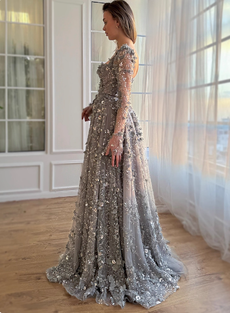 Dreamy Grey A-Line Square Neck Long Sleeve 3D Floral Sequin Tulle Long Prom Dress Evening Dress Secondary image