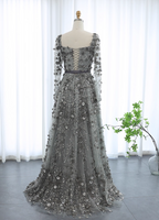 Dreamy Grey A-Line Square Neck Long Sleeve 3D Floral Sequin Tulle Long Prom Dress Evening Dress