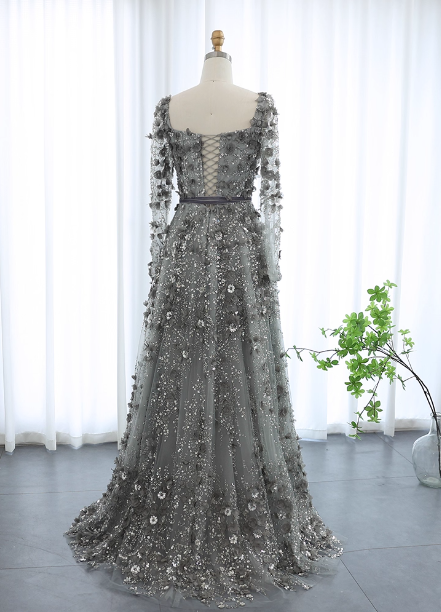 Dreamy Grey A-Line Square Neck Long Sleeve 3D Floral Sequin Tulle Long Prom Dress Evening Dress