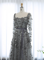 Dreamy Grey A-Line Square Neck Long Sleeve 3D Floral Sequin Tulle Long Prom Dress Evening Dress