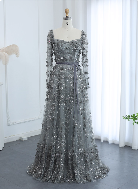Dreamy Grey A-Line Square Neck Long Sleeve 3D Floral Sequin Tulle Long Prom Dress Evening Dress Main image