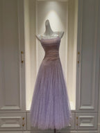 Dreamy Lavender A-Line Suspender Strap Pleated Tulle Long Prom Dress Evening Dress