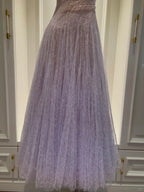 Dreamy Lavender A-Line Suspender Strap Pleated Tulle Long Prom Dress Evening Dress