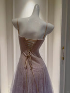 Dreamy Lavender A-Line Suspender Strap Pleated Tulle Long Prom Dress Evening Dress