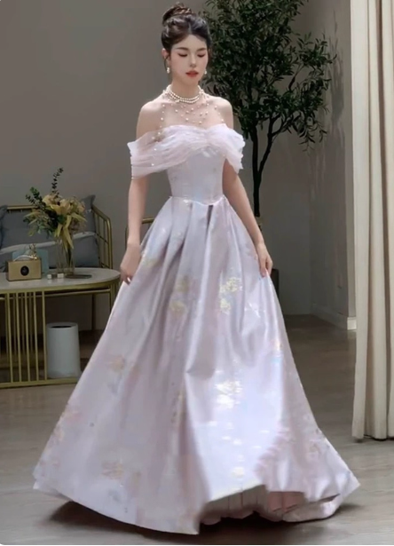 Dreamy Lavender Gray Pink A-Line Off-The-Shoulder Printed Satin Long Prom Dress Evening Dress