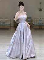Dreamy Lavender Gray Pink A-Line Off-The-Shoulder Printed Satin Long Prom Dress Evening Dress