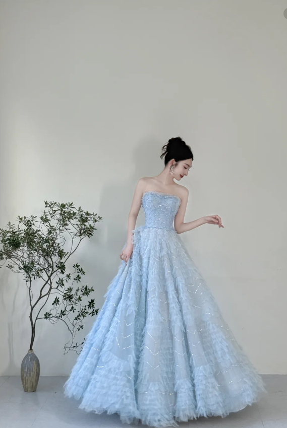 Dreamy Light Blue A-Line Strapless Tulle Floor-Length Prom Dress Evening Dress Secondary image