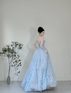 Dreamy Light Blue A-Line Strapless Tulle Floor-Length Prom Dress Evening Dress