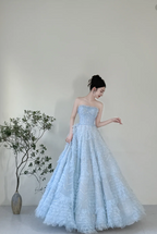 Dreamy Light Blue A-Line Strapless Tulle Floor-Length Prom Dress Evening Dress