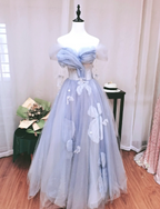 Dreamy Light Blue Butterfly Off-Shoulder Tulle Floor Length Ball Gown Evening Dress