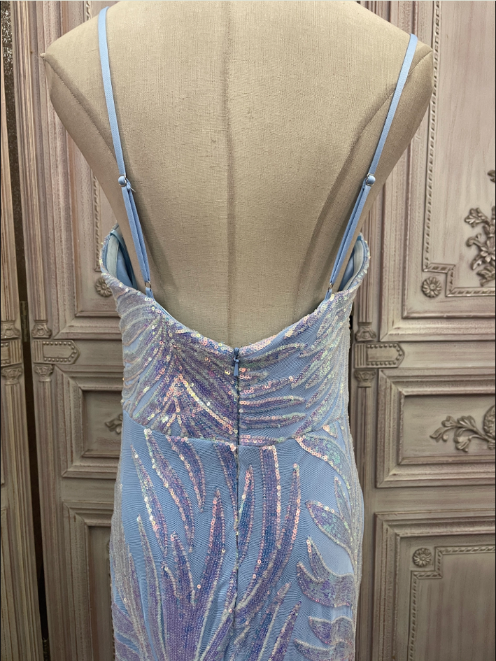 Dreamy Light Blue Ombre Mermaid Spaghetti Strap Iridescent Sequin Train Prom Dress Evening Dress