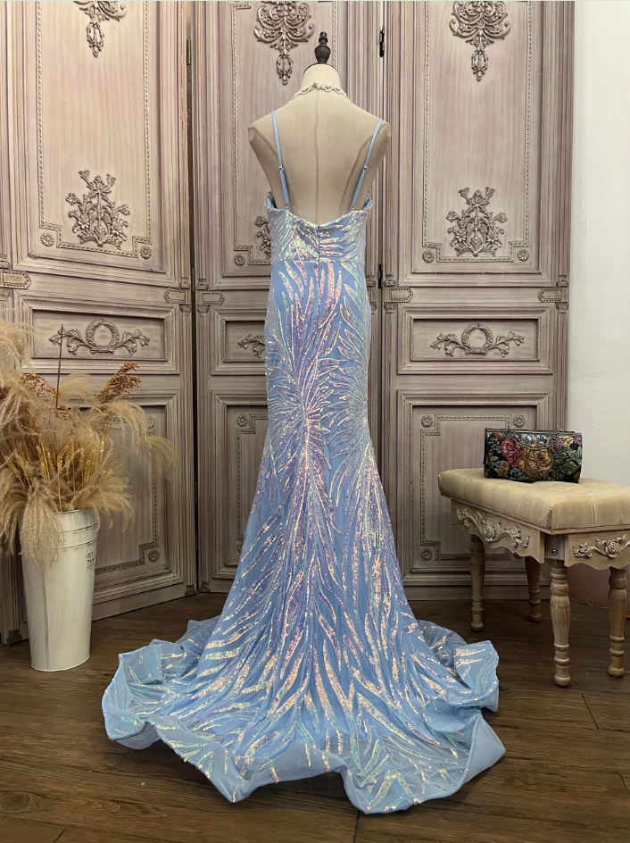 Dreamy Light Blue Ombre Mermaid Spaghetti Strap Iridescent Sequin Train Prom Dress Evening Dress
