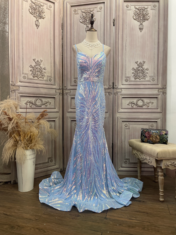 Dreamy Light Blue Ombre Mermaid Spaghetti Strap Iridescent Sequin Train Prom Dress Evening Dress Main image