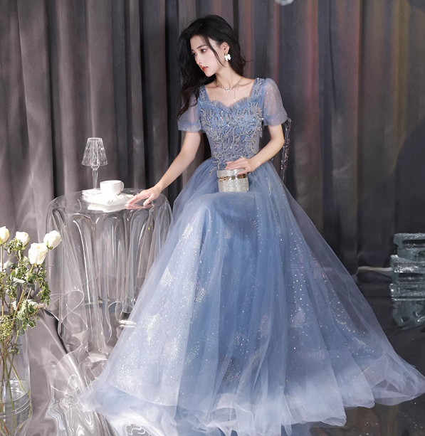 Dreamy Light Blue Square Neck Puff Sleeve A-Line Embroidered Sequined Tulle Long Prom Dress Evening Dress