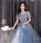 Dreamy Light Blue Square Neck Puff Sleeve A-Line Embroidered Sequined Tulle Long Prom Dress Evening Dress