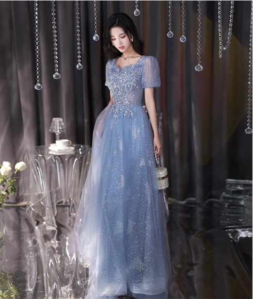 Dreamy Light Blue Square Neck Puff Sleeve A-Line Embroidered Sequined Tulle Long Prom Dress Evening Dress Main image