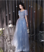 Dreamy Light Blue Square Neck Puff Sleeve A-Line Embroidered Sequined Tulle Long Prom Dress Evening Dress