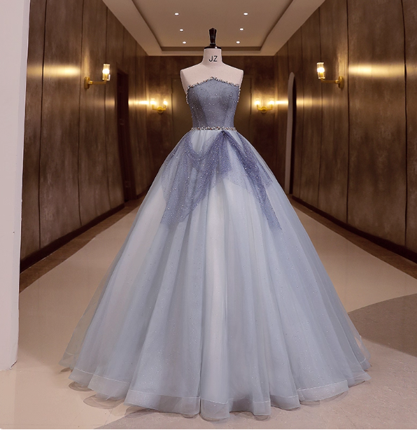 Dreamy Light Blue Strapless Tulle Ball Gown Evening Dress Sweet 16 Dress