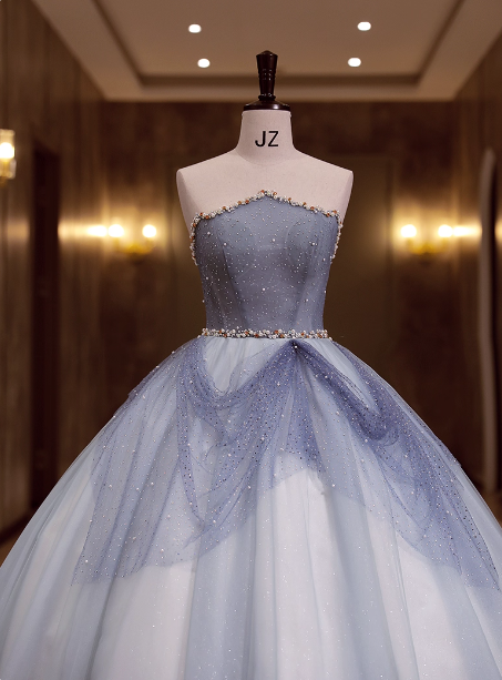 Dreamy Light Blue Strapless Tulle Ball Gown Evening Dress Sweet 16 Dress