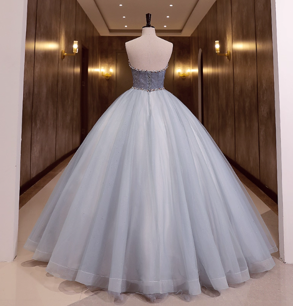 Dreamy Light Blue Strapless Tulle Ball Gown Evening Dress Sweet 16 Dress
