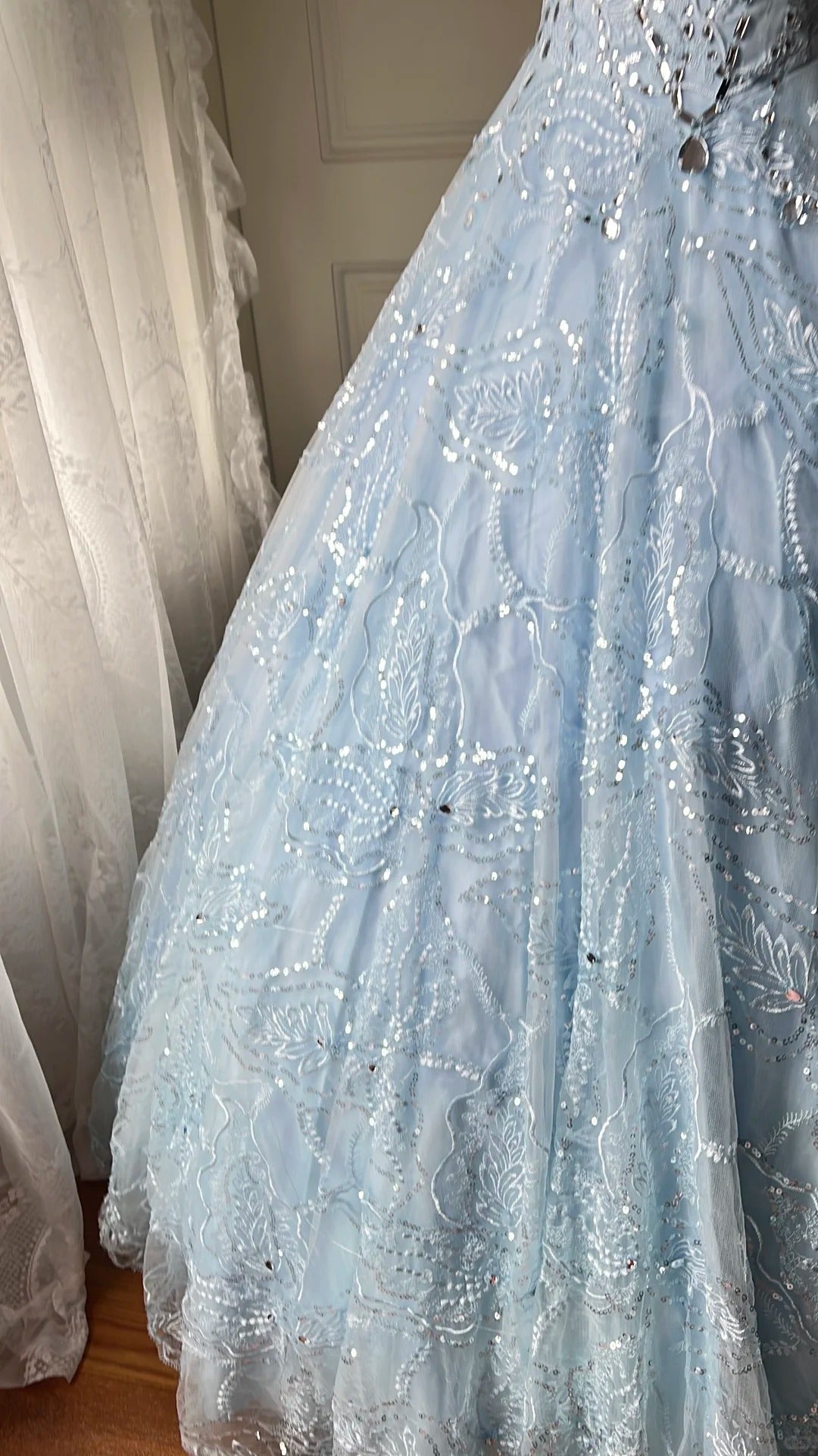 Dreamy Light Blue V-Neck Rhinestone Tulle Long Prom Dress Evening Dress