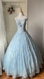 Dreamy Light Blue V-Neck Rhinestone Tulle Long Prom Dress Evening Dress