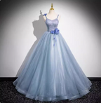 Dreamy Light Haze Blue Thin Strap 3D Floral Tulle Ball Gown Evening Dress Sweet 16 Dress