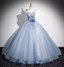 Dreamy Light Haze Blue Thin Strap 3D Floral Tulle Ball Gown Evening Dress Sweet 16 Dress
