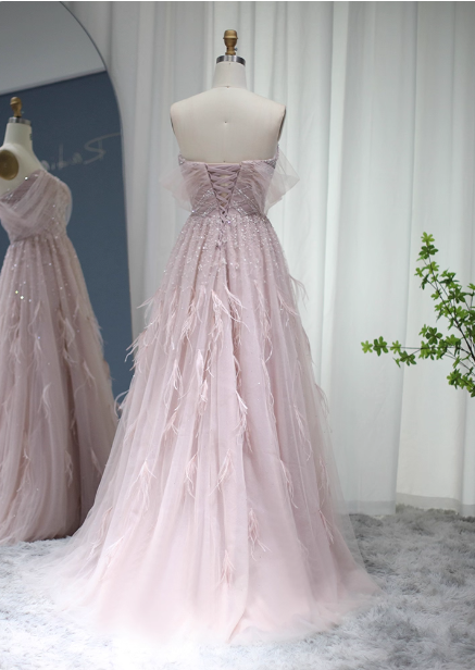 Dreamy Light Pink A-Line Sweetheart Neck Feather Beaded Tulle Long Prom Dress Evening Dress Secondary image