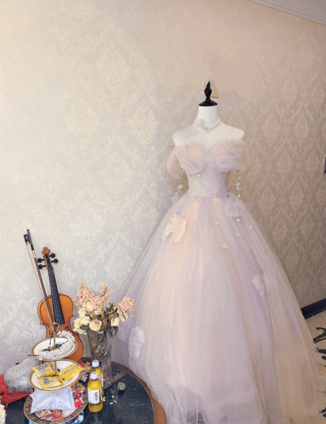 Dreamy Light Pink Off-Shoulder Tulle Floor-Length Ball Gown Evening Dress