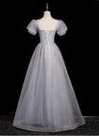 Dreamy Light Purple A-Line Square Neck Short Sleeve Tulle Long Prom Dress Evening Dress