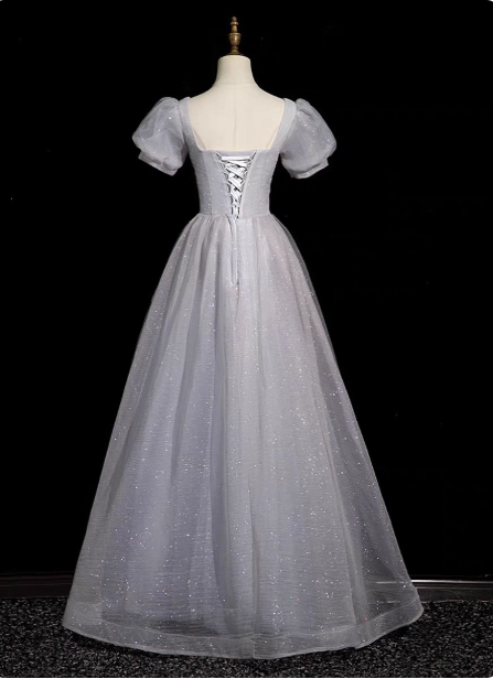Dreamy Light Purple A-Line Square Neck Short Sleeve Tulle Long Prom Dress Evening Dress