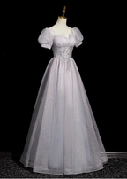 Dreamy Light Purple A-Line Square Neck Short Sleeve Tulle Long Prom Dress Evening Dress