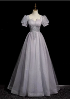 Dreamy Light Purple A-Line Square Neck Short Sleeve Tulle Long Prom Dress Evening Dress