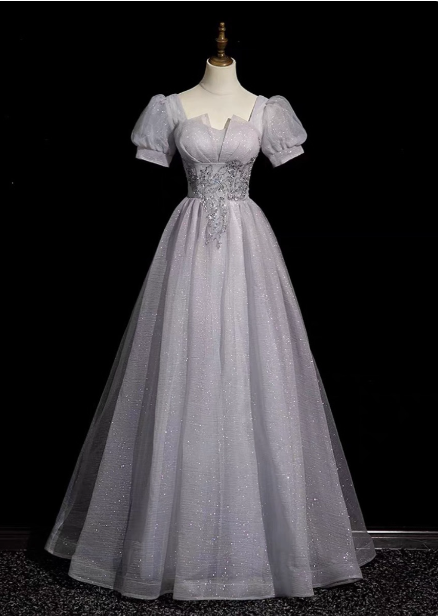 Dreamy Light Purple A-Line Square Neck Short Sleeve Tulle Long Prom Dress Evening Dress