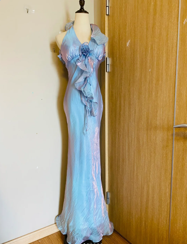Dreamy Mermaid 3D Floral Ruffle Halter Neck Satin Long Prom Dress Evening Dress Main image