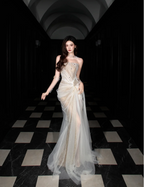 Dreamy Mermaid Strapless High-Slit Rhinestone Tulle Long Prom Dress Evening Dress