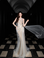 Dreamy Mermaid Strapless High-Slit Rhinestone Tulle Long Prom Dress Evening Dress