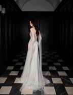 Dreamy Mermaid Strapless High-Slit Rhinestone Tulle Long Prom Dress Evening Dress
