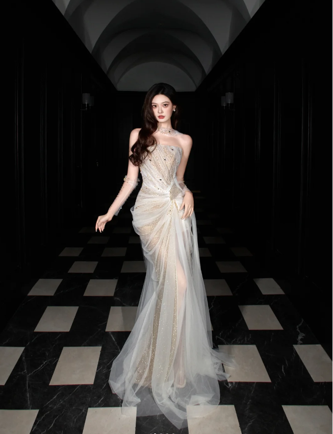 Dreamy Mermaid Strapless High-Slit Rhinestone Tulle Long Prom Dress Evening Dress Main image