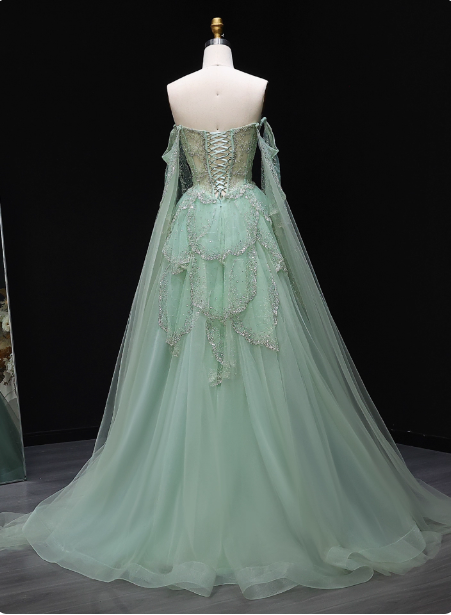 Dreamy Mint Green Off-The-Shoulder Sequin Layered Tulle Train Prom Dress Evening Dress Secondary image