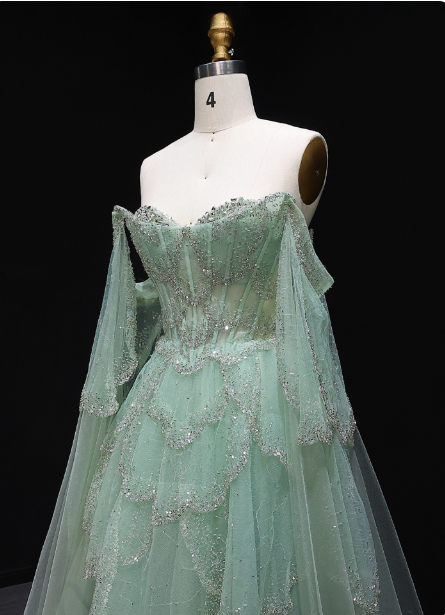Dreamy Mint Green Off-The-Shoulder Sequin Layered Tulle Train Prom Dress Evening Dress