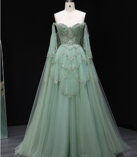 Dreamy Mint Green Off-The-Shoulder Sequin Layered Tulle Train Prom Dress Evening Dress Main image