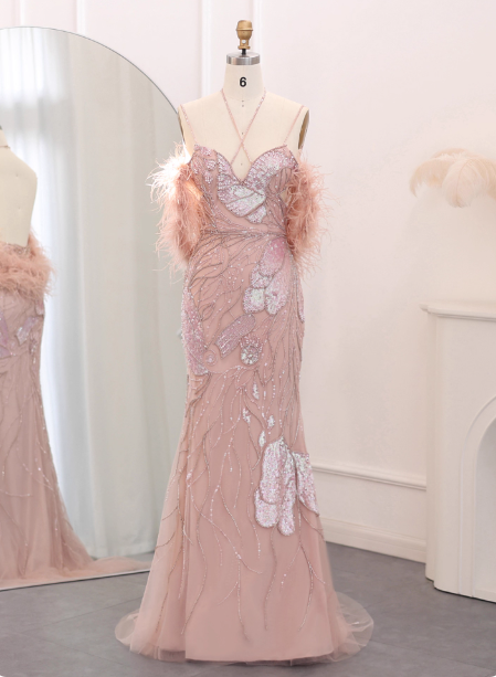 Dreamy Pink Mermaid Spaghetti Strap Open Back Beaded Sequin Tulle Long Prom Dress Evening Dress Secondary image