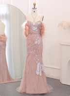 Dreamy Pink Mermaid Spaghetti Strap Open Back Beaded Sequin Tulle Long Prom Dress Evening Dress