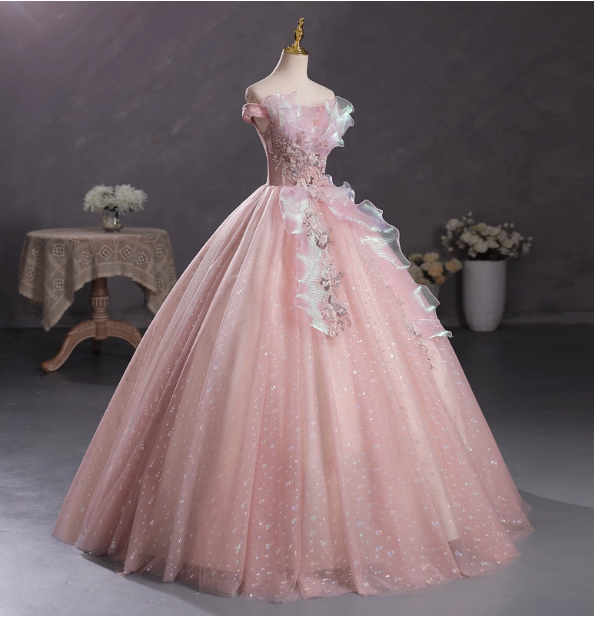 Dreamy Pink Off-Shoulder 3D Floral Iridescent Tulle Ball Gown Evening Dress Sweet 16 Dress