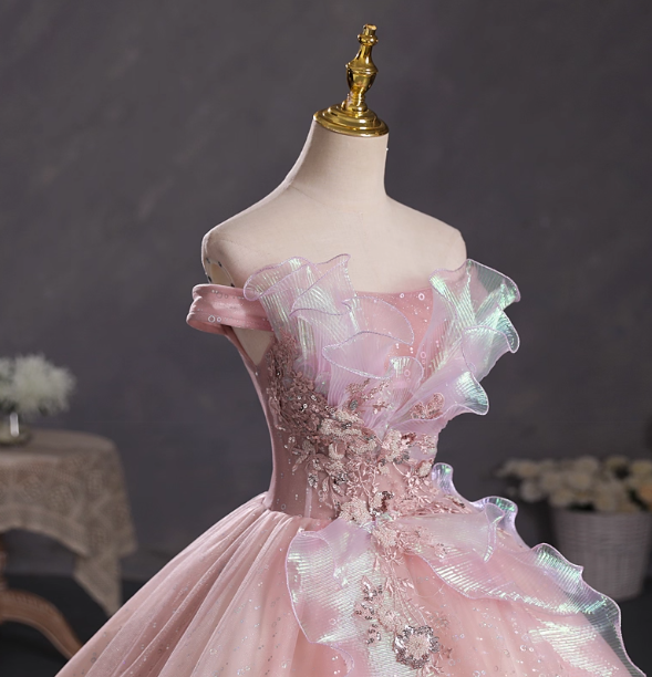 Dreamy Pink Off-Shoulder 3D Floral Iridescent Tulle Ball Gown Evening Dress Sweet 16 Dress