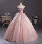 Dreamy Pink Off-Shoulder 3D Floral Iridescent Tulle Ball Gown Evening Dress Sweet 16 Dress