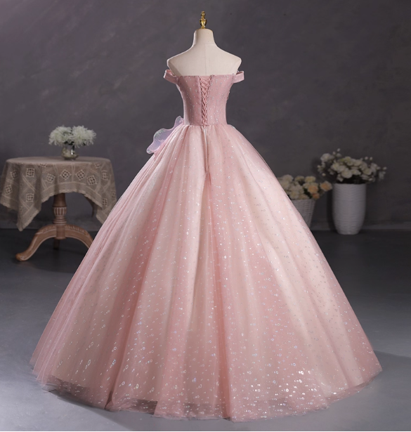Dreamy Pink Off-Shoulder 3D Floral Iridescent Tulle Ball Gown Evening Dress Sweet 16 Dress