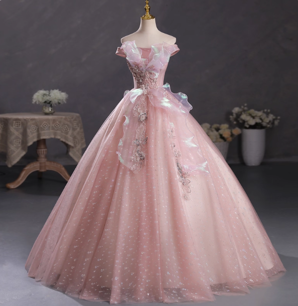 Dreamy Pink Off-Shoulder 3D Floral Iridescent Tulle Ball Gown Evening Dress Sweet 16 Dress Main image